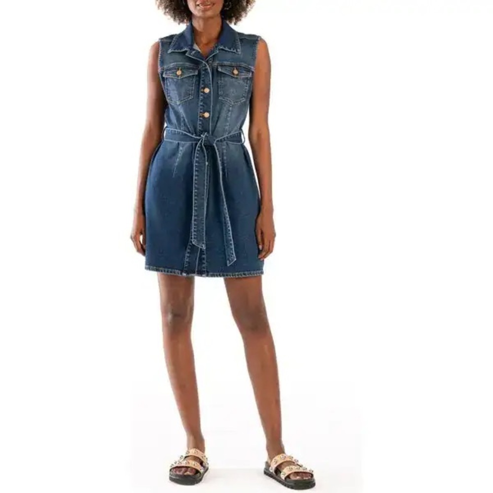 KUT From The Kloth $114 Della Tie Waist Sleeveless Denim Dress Size XS